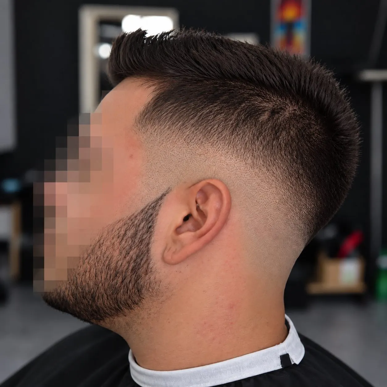 Degradê baixo com topete texturizado e barba alinhada