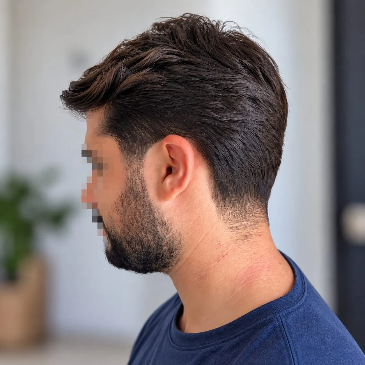 Corte social com volume em cima, nuca batida e barba curta